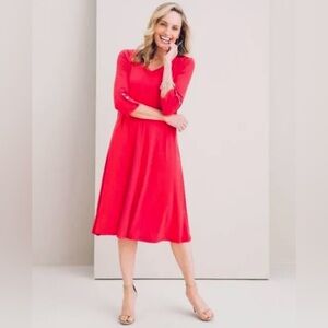 Chico’s Travelers Easy Chic 3/4 Button Sleeve Fit & Flare Midi Red Zinnia Size 1
